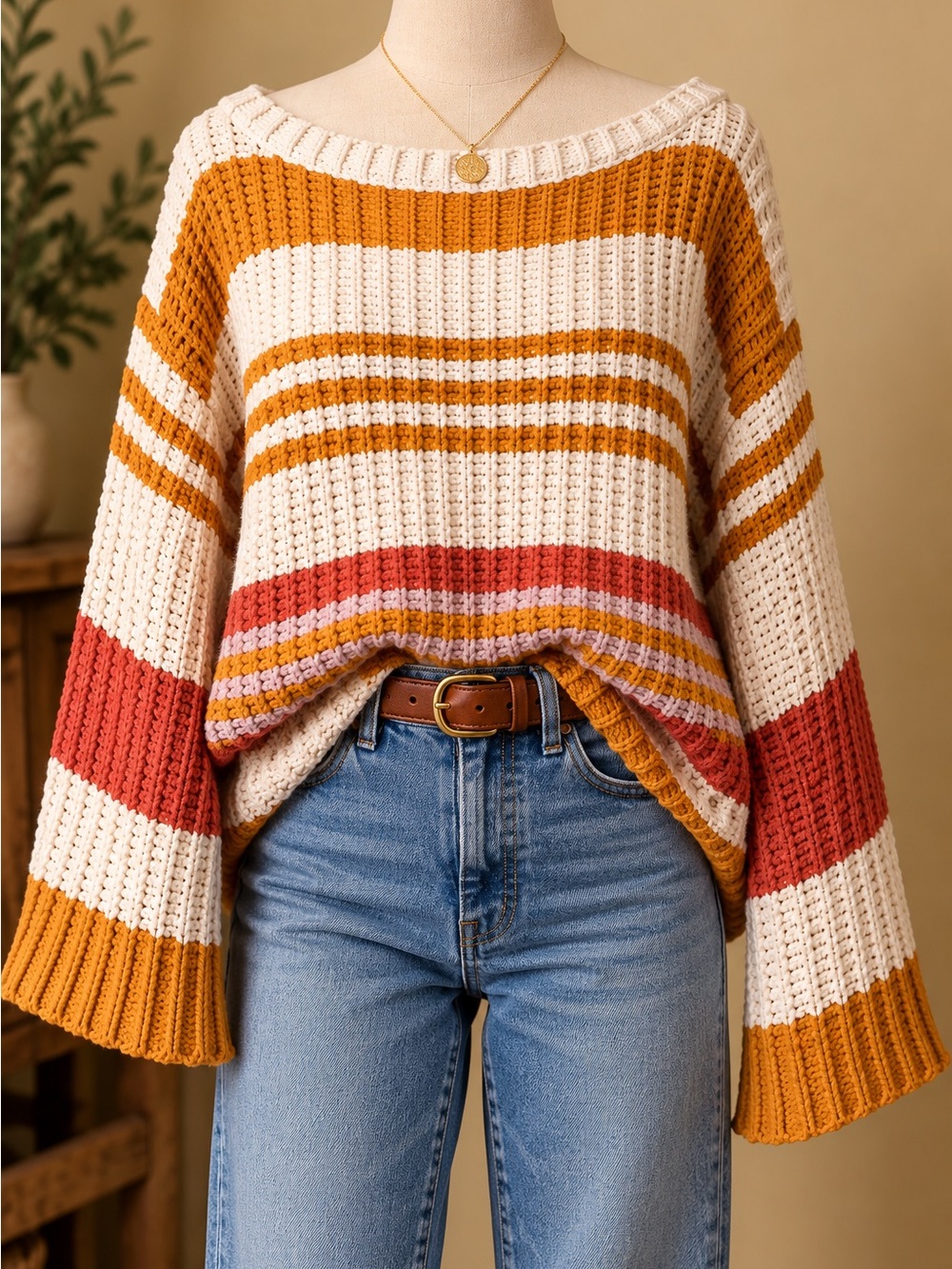 By Together Women’s S Chunky Knit Striped Sweater Cream Mustard Rust Oversized